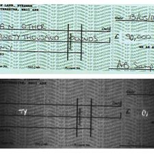 Top: Check for $90,000
Bottom: IR/IRL examination reveals the “0” after the “9” and the TY” in “NINETY” were added to the amount using a different pen